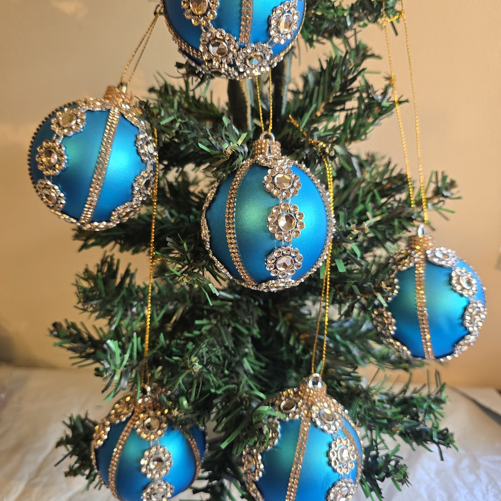 Elegant Teal and Gold Holiday Ornaments New 6 Piece 2.5 Inch Handmade